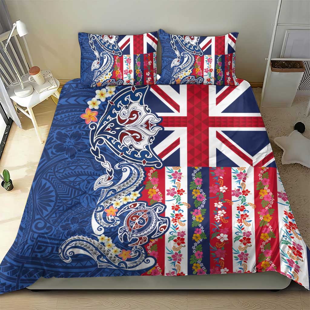 Hawaiian Manta Ray and Turtle Tribal Tattoo Bedding Set With Hawaii Flag and Flowers LT03 - Polynesian Pride