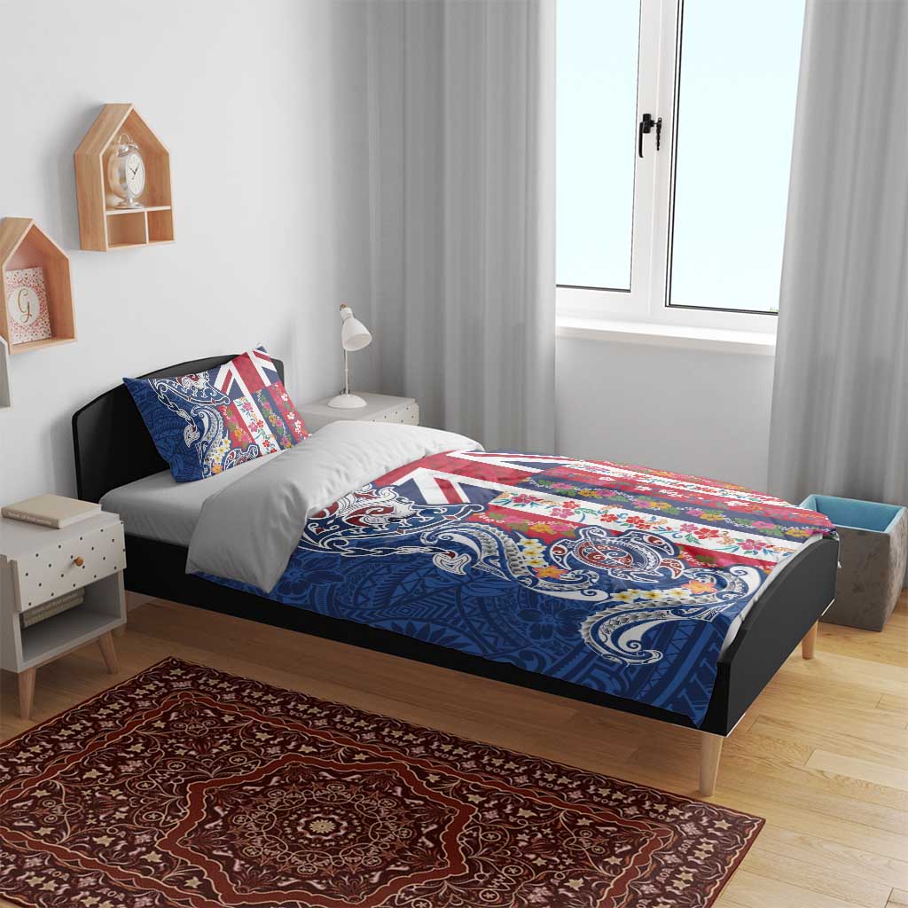 Hawaiian Manta Ray and Turtle Tribal Tattoo Bedding Set With Hawaii Flag and Flowers LT03 - Polynesian Pride
