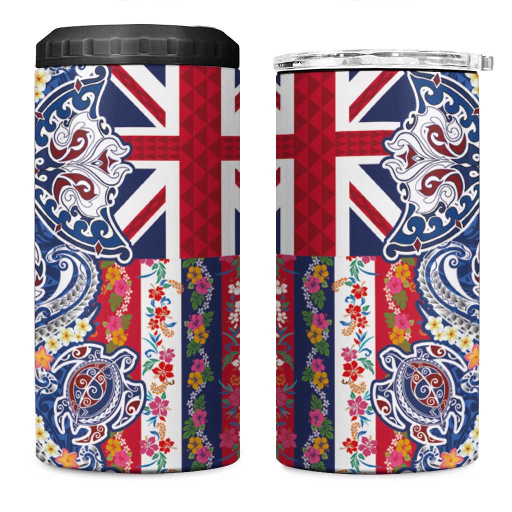 Hawaiian Manta Ray and Turtle Tribal Tattoo 4 in 1 Can Cooler Tumbler With Hawaii Flag and Flowers