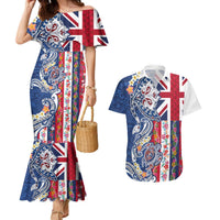 Hawaiian Manta Ray and Turtle Tribal Tattoo Couples Matching Mermaid Dress and Hawaiian Shirt With Hawaii Flag and Flowers