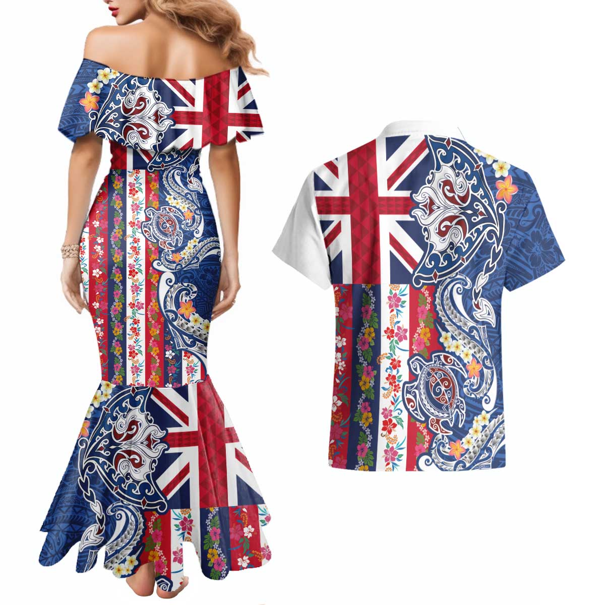 Hawaiian Manta Ray and Turtle Tribal Tattoo Couples Matching Mermaid Dress and Hawaiian Shirt With Hawaii Flag and Flowers