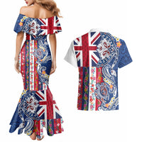 Hawaiian Manta Ray and Turtle Tribal Tattoo Couples Matching Mermaid Dress and Hawaiian Shirt With Hawaii Flag and Flowers
