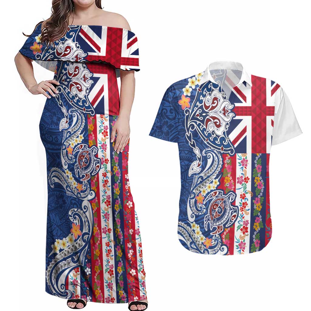 Hawaiian Manta Ray and Turtle Tribal Tattoo Couples Matching Off Shoulder Maxi Dress and Hawaiian Shirt With Hawaii Flag and Flowers