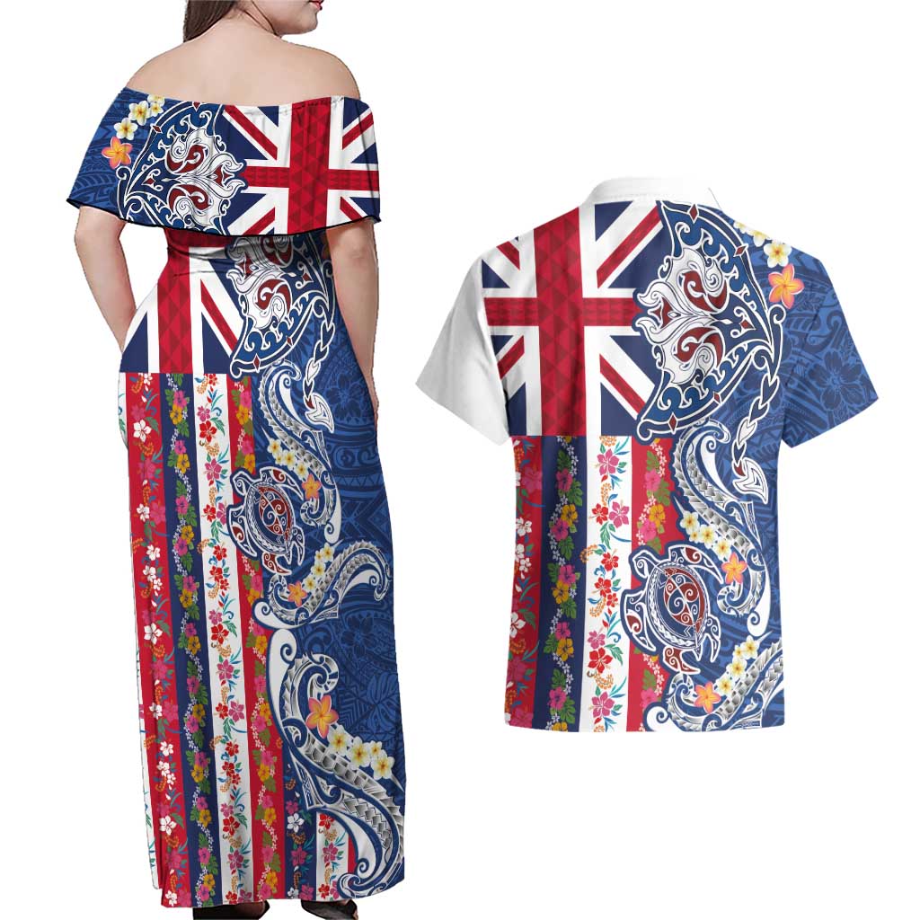 Hawaiian Manta Ray and Turtle Tribal Tattoo Couples Matching Off Shoulder Maxi Dress and Hawaiian Shirt With Hawaii Flag and Flowers