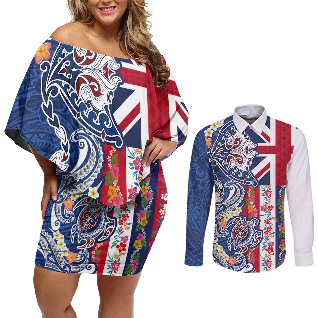 Hawaiian Manta Ray and Turtle Tribal Tattoo Couples Matching Off Shoulder Short Dress and Long Sleeve Button Shirt With Hawaii Flag and Flowers LT03 Multicolor - Polynesian Pride