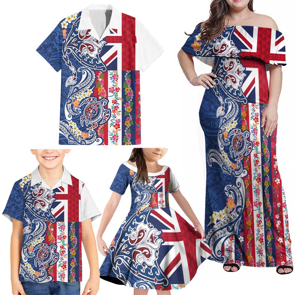 Hawaiian Manta Ray and Turtle Tribal Tattoo Family Matching Off Shoulder Maxi Dress and Hawaiian Shirt With Hawaii Flag and Flowers