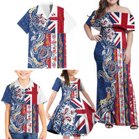 Hawaiian Manta Ray and Turtle Tribal Tattoo Family Matching Off Shoulder Maxi Dress and Hawaiian Shirt With Hawaii Flag and Flowers