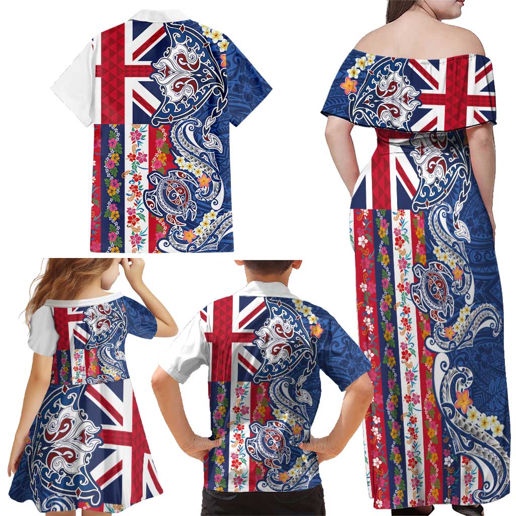 Hawaiian Manta Ray and Turtle Tribal Tattoo Family Matching Off Shoulder Maxi Dress and Hawaiian Shirt With Hawaii Flag and Flowers