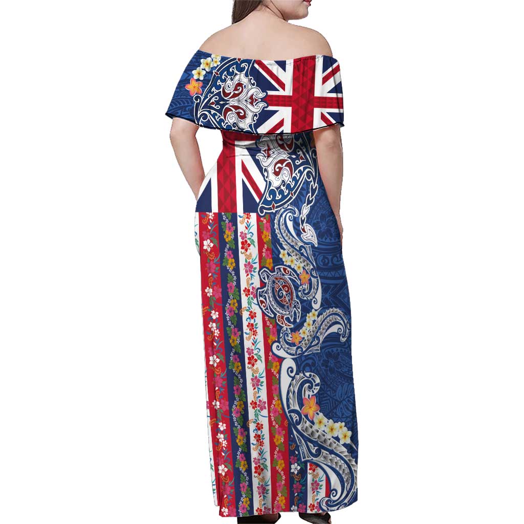Hawaiian Manta Ray and Turtle Tribal Tattoo Family Matching Off Shoulder Maxi Dress and Hawaiian Shirt With Hawaii Flag and Flowers