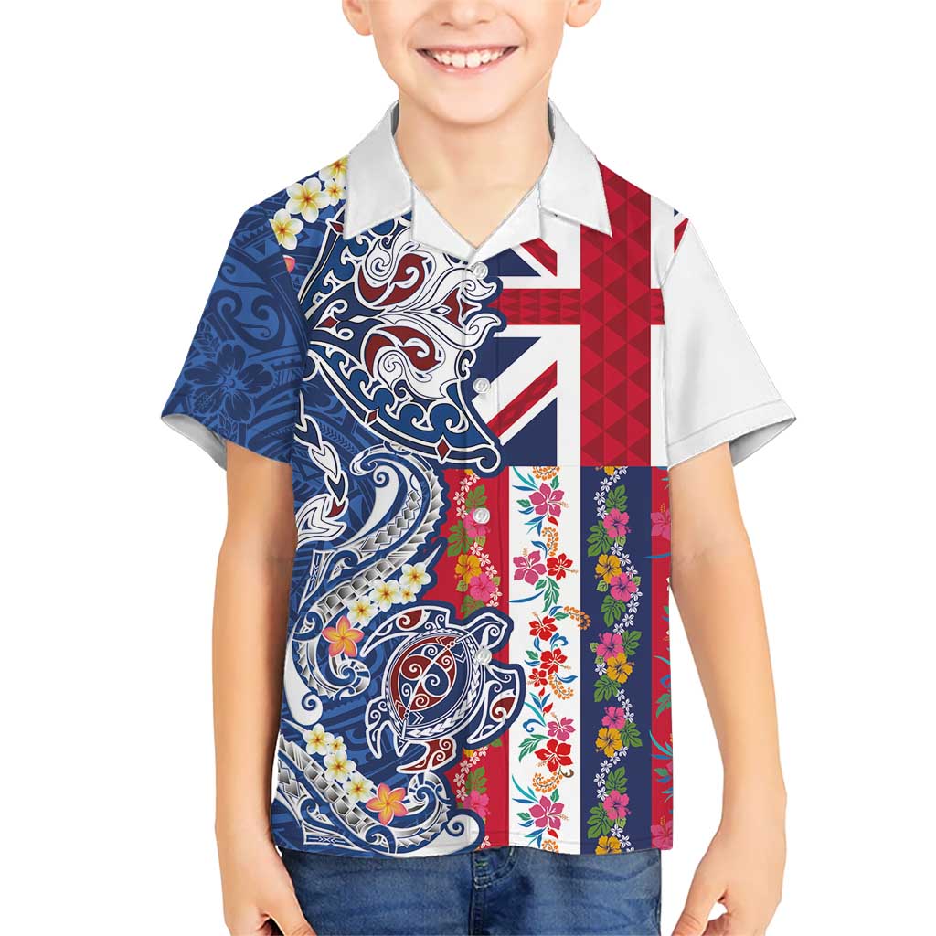 Hawaiian Manta Ray and Turtle Tribal Tattoo Family Matching Off Shoulder Maxi Dress and Hawaiian Shirt With Hawaii Flag and Flowers