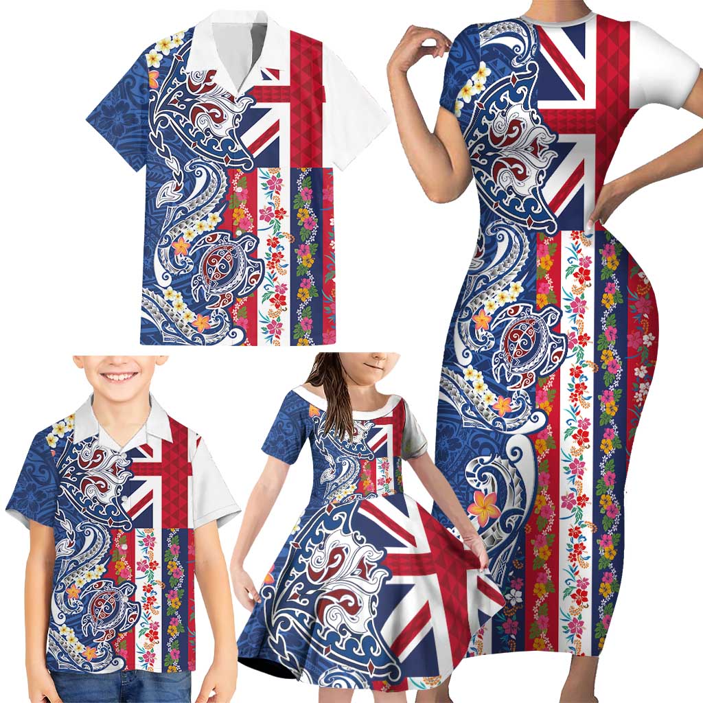 Hawaiian Manta Ray and Turtle Tribal Tattoo Family Matching Short Sleeve Bodycon Dress and Hawaiian Shirt With Hawaii Flag and Flowers