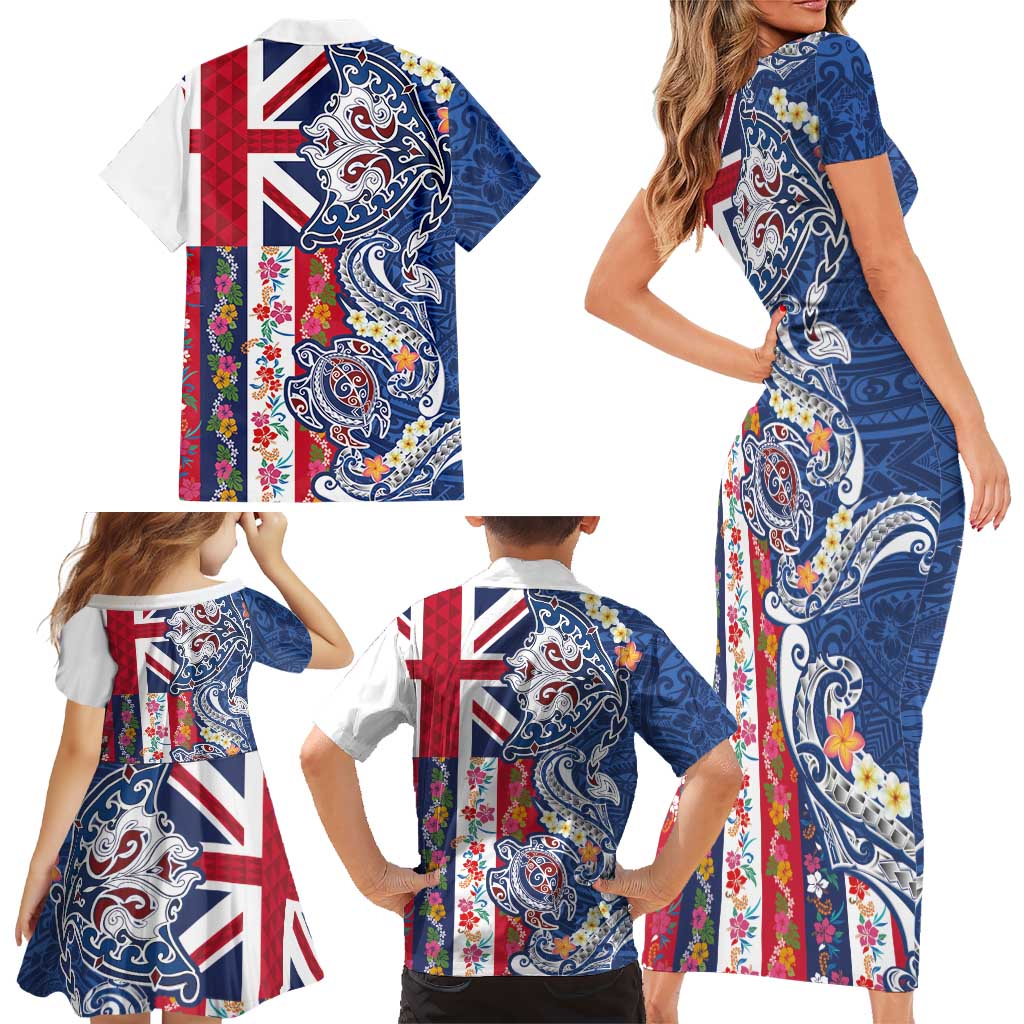 Hawaiian Manta Ray and Turtle Tribal Tattoo Family Matching Short Sleeve Bodycon Dress and Hawaiian Shirt With Hawaii Flag and Flowers