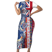 Hawaiian Manta Ray and Turtle Tribal Tattoo Family Matching Short Sleeve Bodycon Dress and Hawaiian Shirt With Hawaii Flag and Flowers
