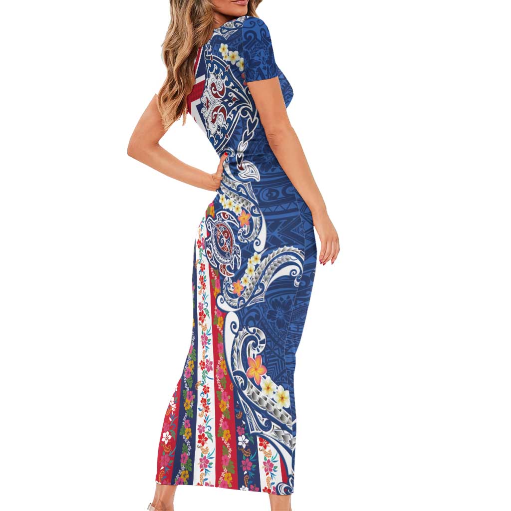 Hawaiian Manta Ray and Turtle Tribal Tattoo Family Matching Short Sleeve Bodycon Dress and Hawaiian Shirt With Hawaii Flag and Flowers