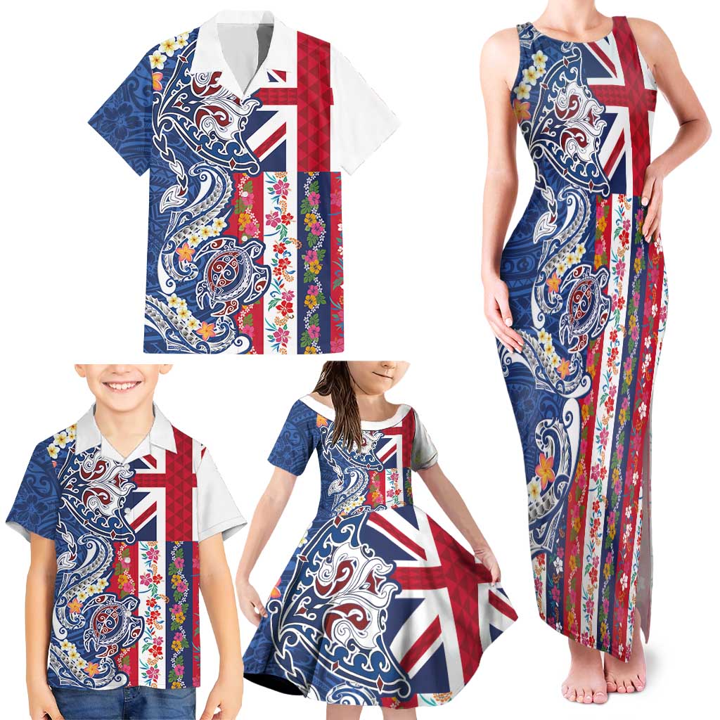 Hawaiian Manta Ray and Turtle Tribal Tattoo Family Matching Tank Maxi Dress and Hawaiian Shirt With Hawaii Flag and Flowers
