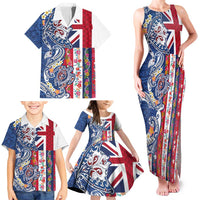 Hawaiian Manta Ray and Turtle Tribal Tattoo Family Matching Tank Maxi Dress and Hawaiian Shirt With Hawaii Flag and Flowers