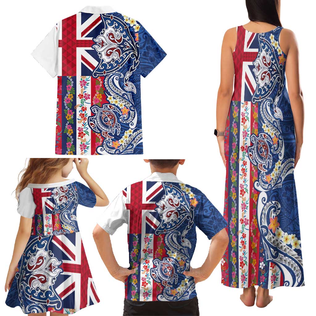 Hawaiian Manta Ray and Turtle Tribal Tattoo Family Matching Tank Maxi Dress and Hawaiian Shirt With Hawaii Flag and Flowers