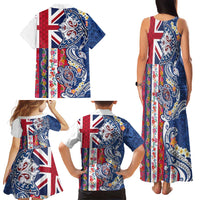 Hawaiian Manta Ray and Turtle Tribal Tattoo Family Matching Tank Maxi Dress and Hawaiian Shirt With Hawaii Flag and Flowers