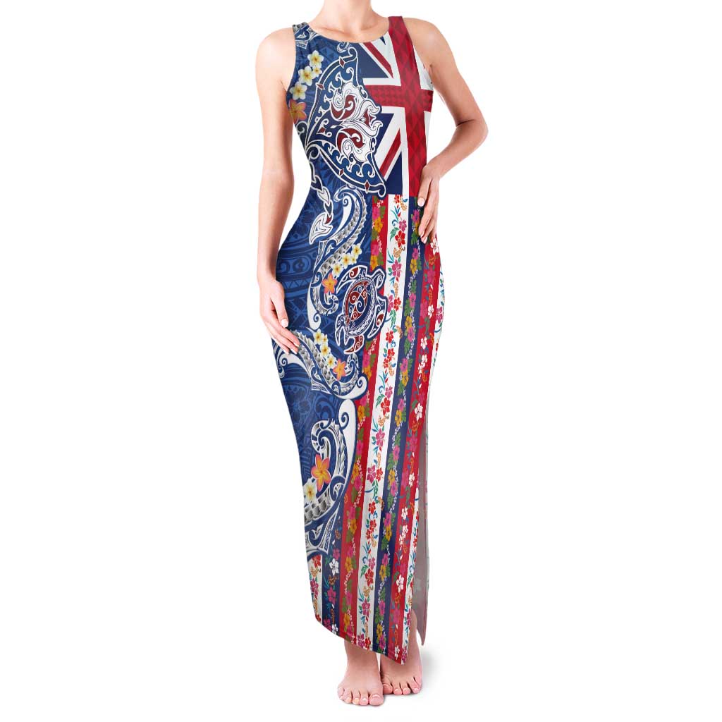 Hawaiian Manta Ray and Turtle Tribal Tattoo Family Matching Tank Maxi Dress and Hawaiian Shirt With Hawaii Flag and Flowers