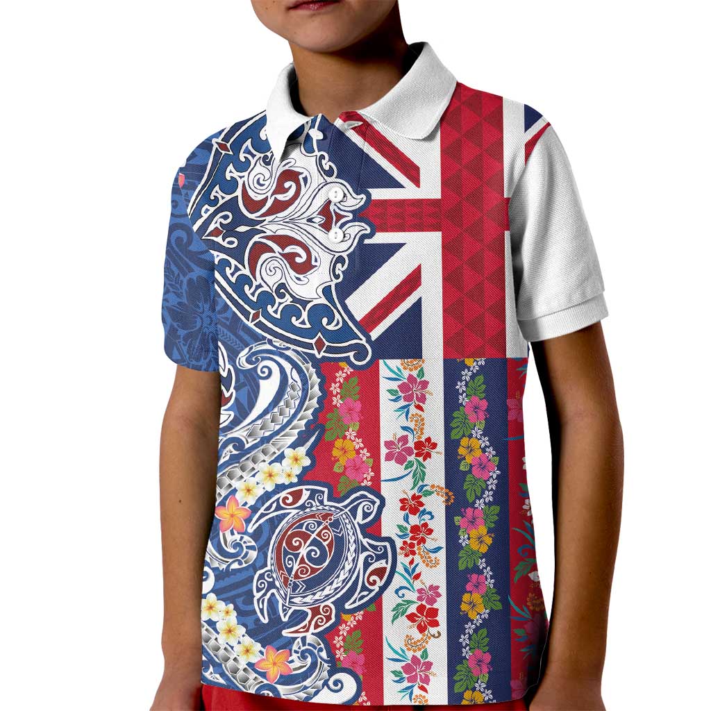 Hawaiian Manta Ray and Turtle Tribal Tattoo Kid Polo Shirt With Hawaii Flag and Flowers