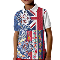 Hawaiian Manta Ray and Turtle Tribal Tattoo Kid Polo Shirt With Hawaii Flag and Flowers
