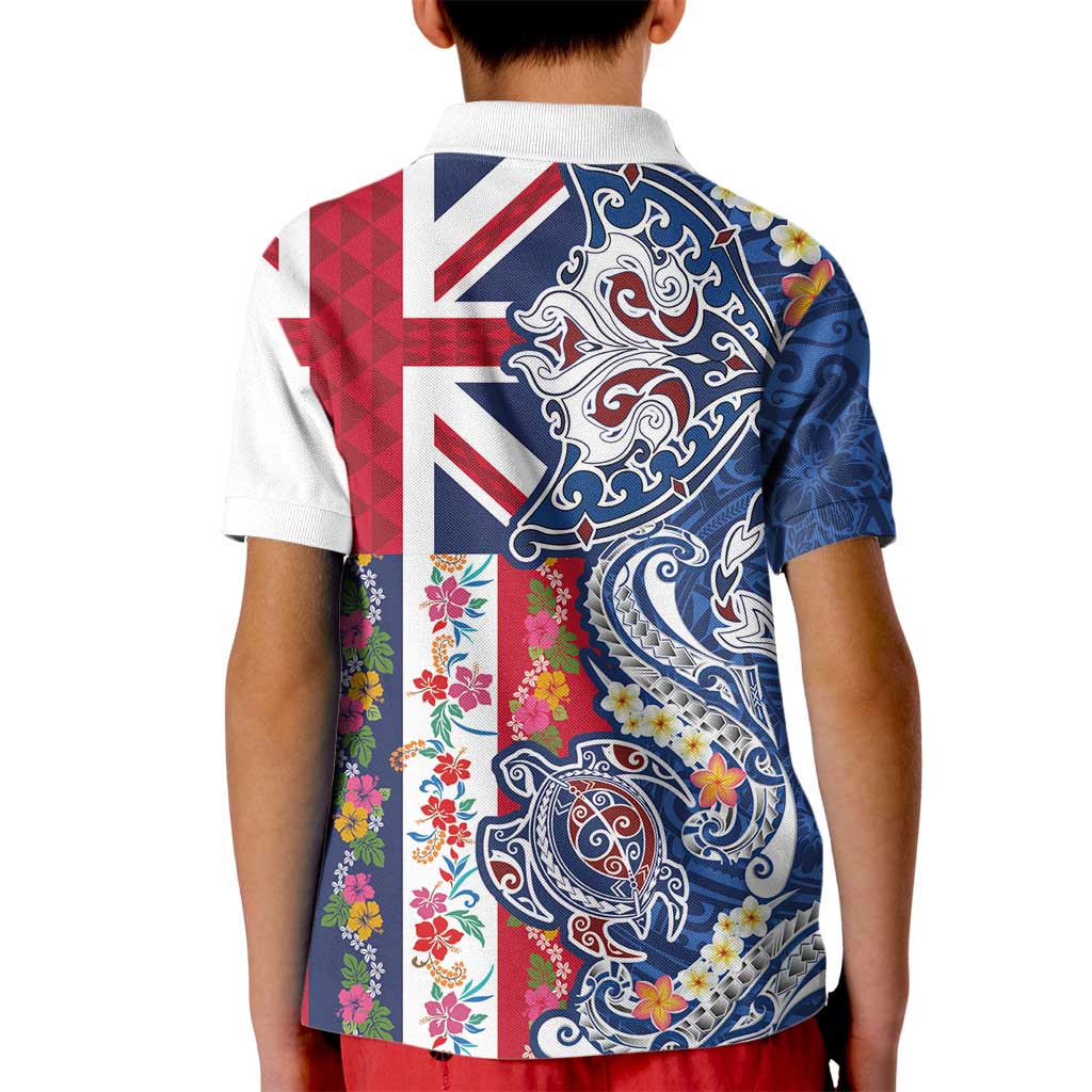 Hawaiian Manta Ray and Turtle Tribal Tattoo Kid Polo Shirt With Hawaii Flag and Flowers