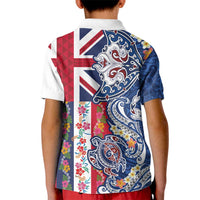 Hawaiian Manta Ray and Turtle Tribal Tattoo Kid Polo Shirt With Hawaii Flag and Flowers