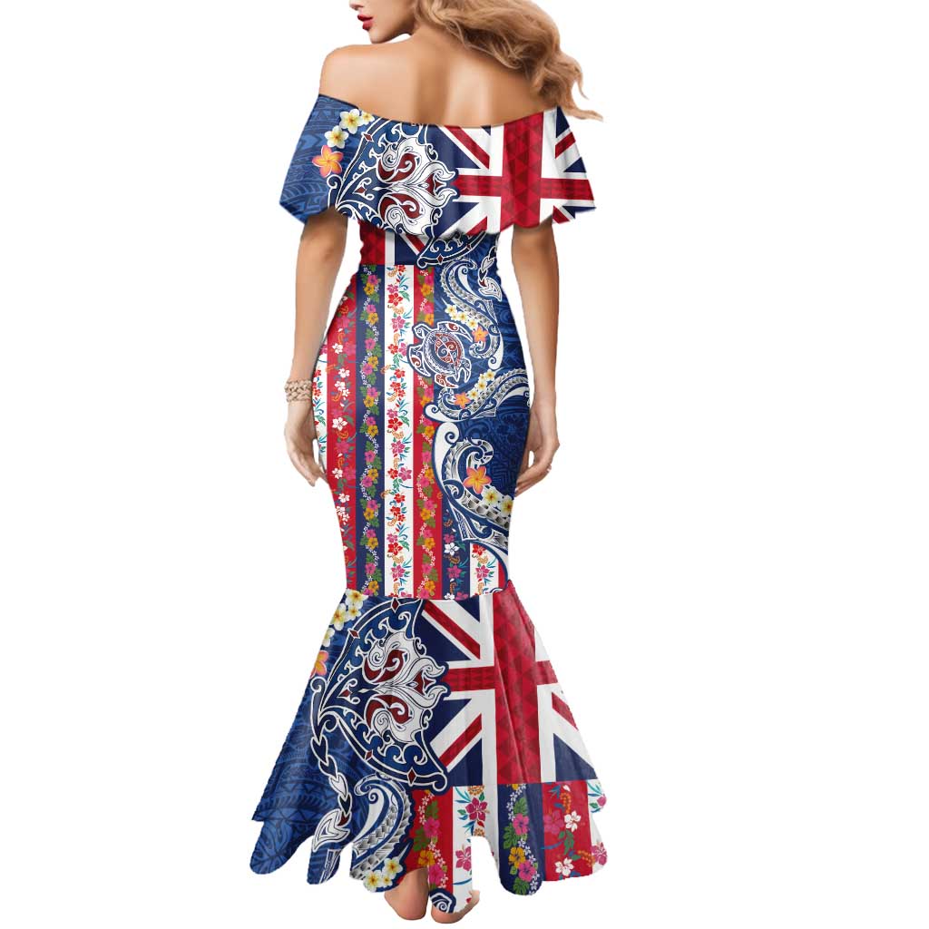 Hawaiian Manta Ray and Turtle Tribal Tattoo Mermaid Dress With Hawaii Flag and Flowers