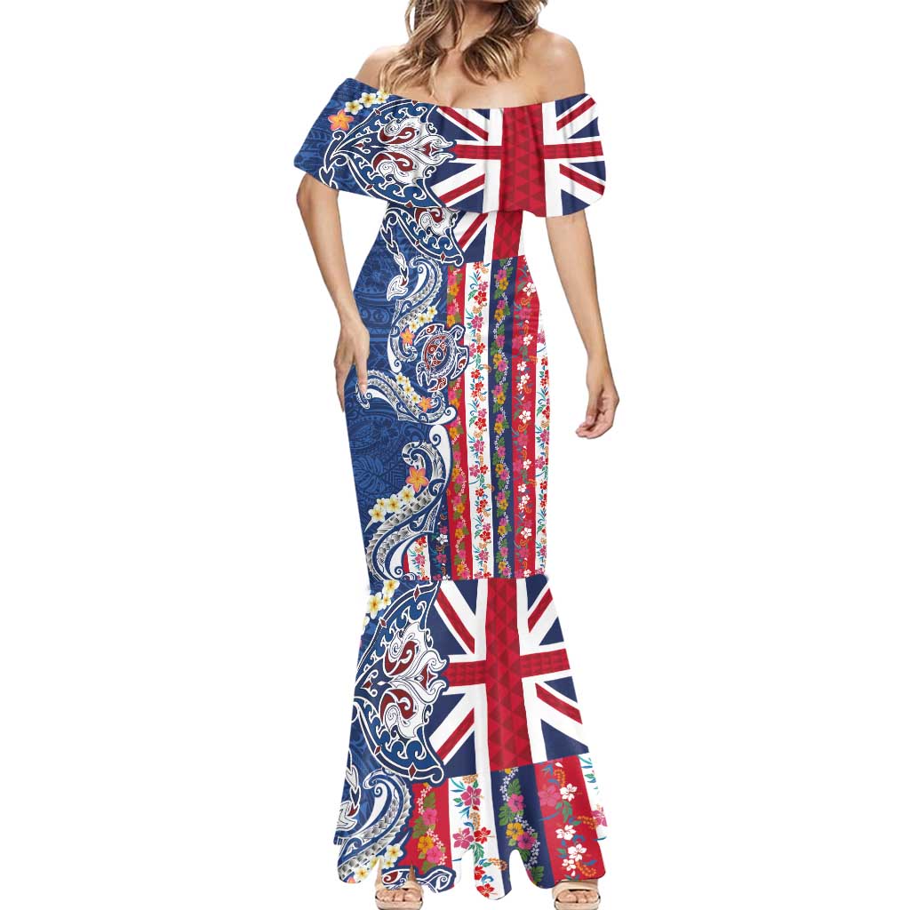 Hawaiian Manta Ray and Turtle Tribal Tattoo Mermaid Dress With Hawaii Flag and Flowers