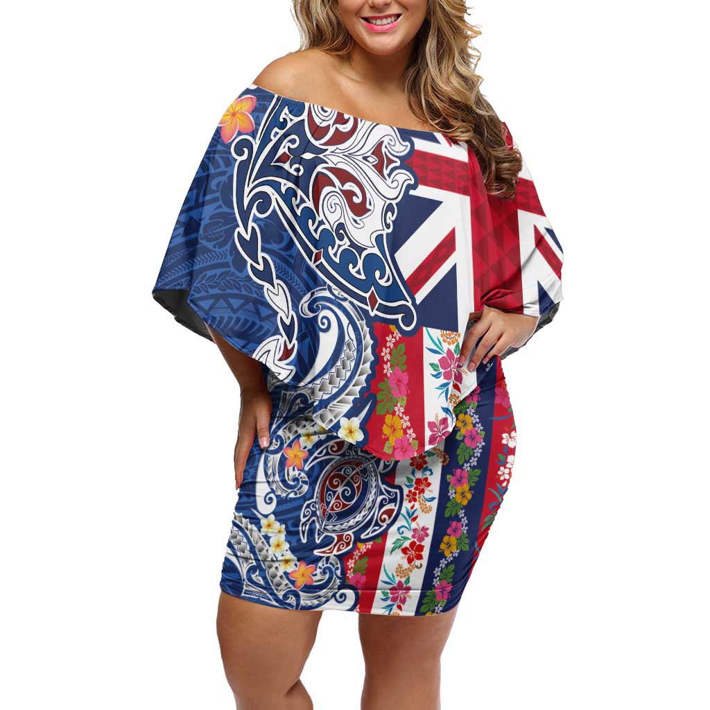 Hawaiian Manta Ray and Turtle Tribal Tattoo Off Shoulder Short Dress With Hawaii Flag and Flowers