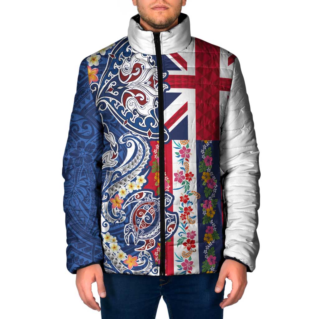 Hawaiian Manta Ray and Turtle Tribal Tattoo Padded Jacket With Hawaii Flag and Flowers LT03 Men Multicolor - Polynesian Pride
