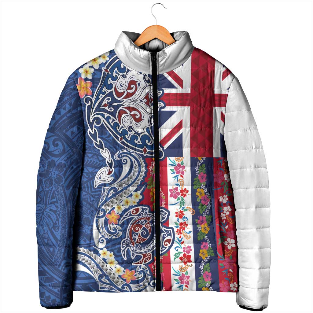 Hawaiian Manta Ray and Turtle Tribal Tattoo Padded Jacket With Hawaii Flag and Flowers LT03 - Polynesian Pride