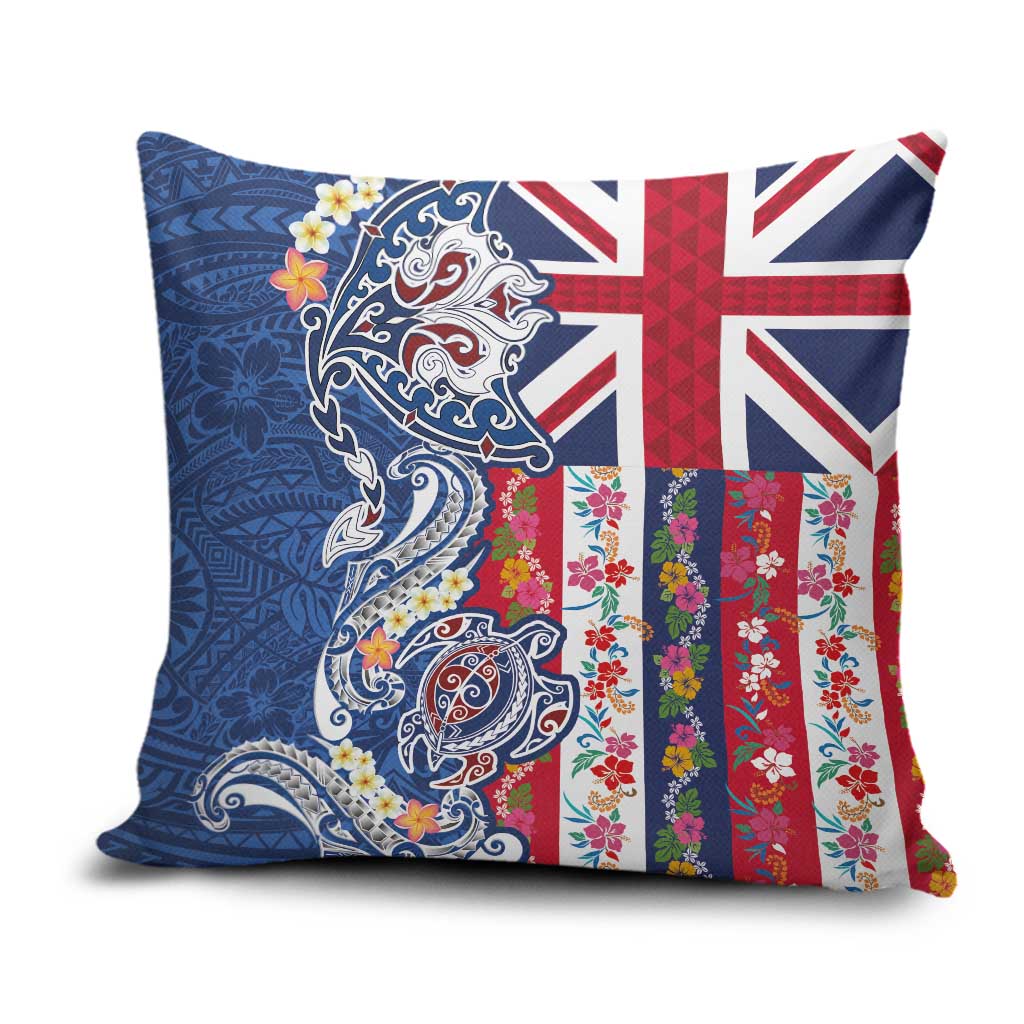 Hawaiian Manta Ray and Turtle Tribal Tattoo Pillow Cover With Hawaii Flag and Flowers