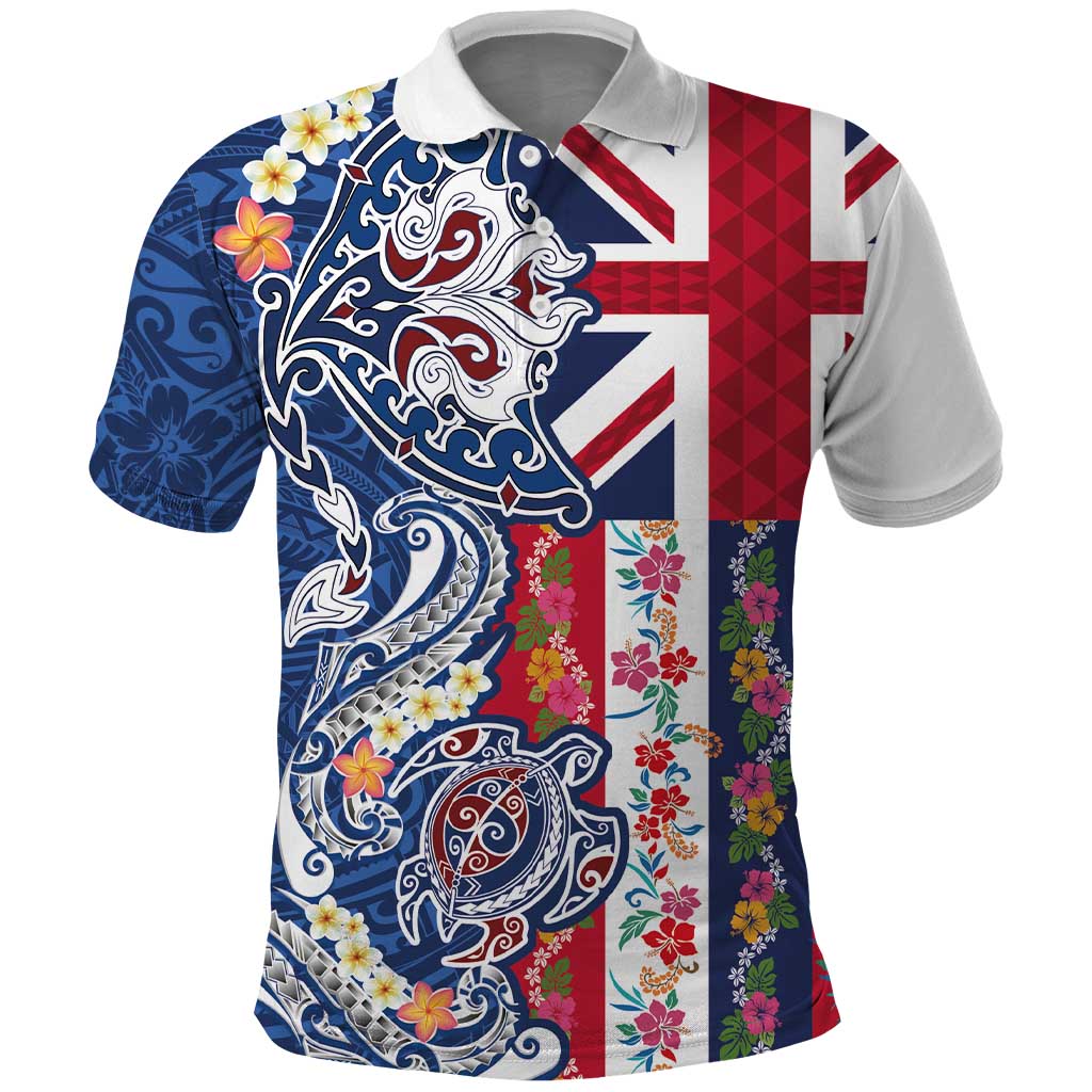 Hawaiian Manta Ray and Turtle Tribal Tattoo Polo Shirt With Hawaii Flag and Flowers