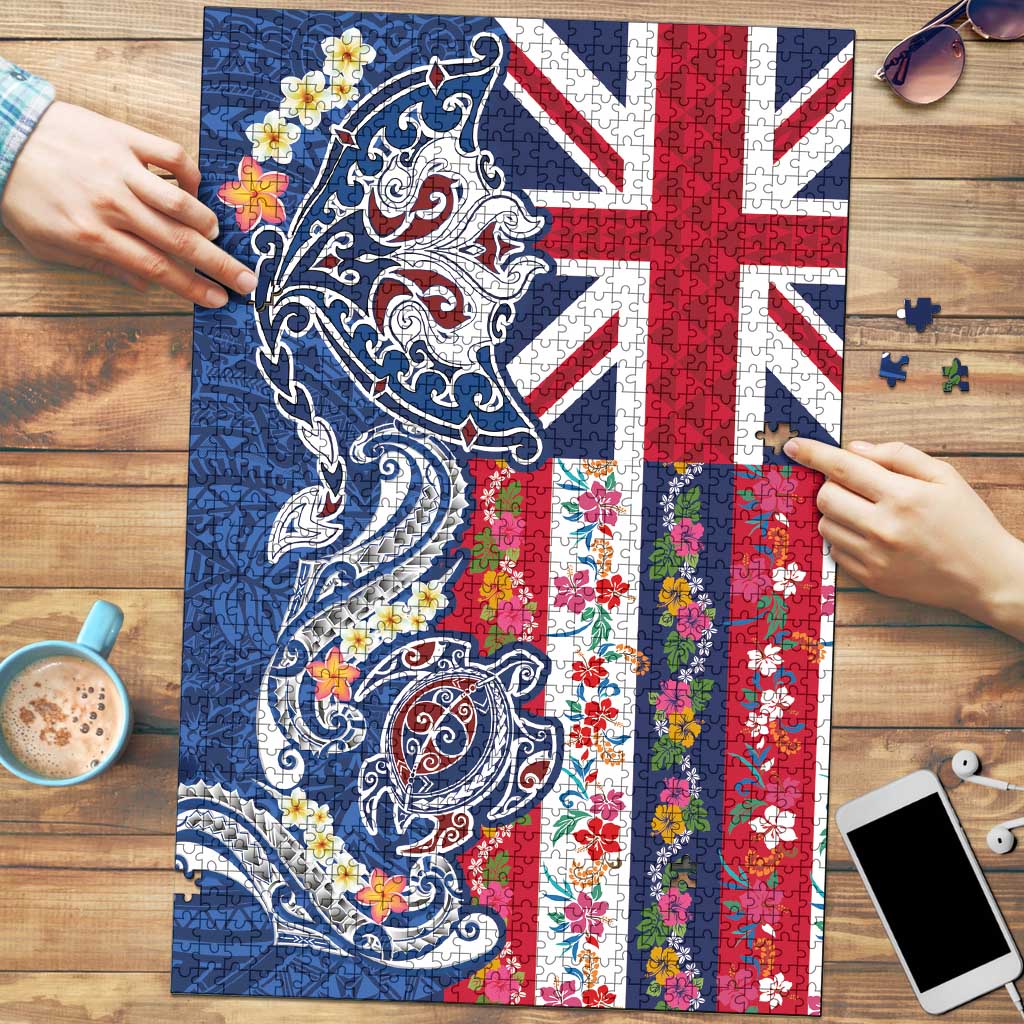Hawaiian Manta Ray and Turtle Tribal Tattoo Puzzle With Hawaii Flag and Flowers LT03 Multicolor - Polynesian Pride