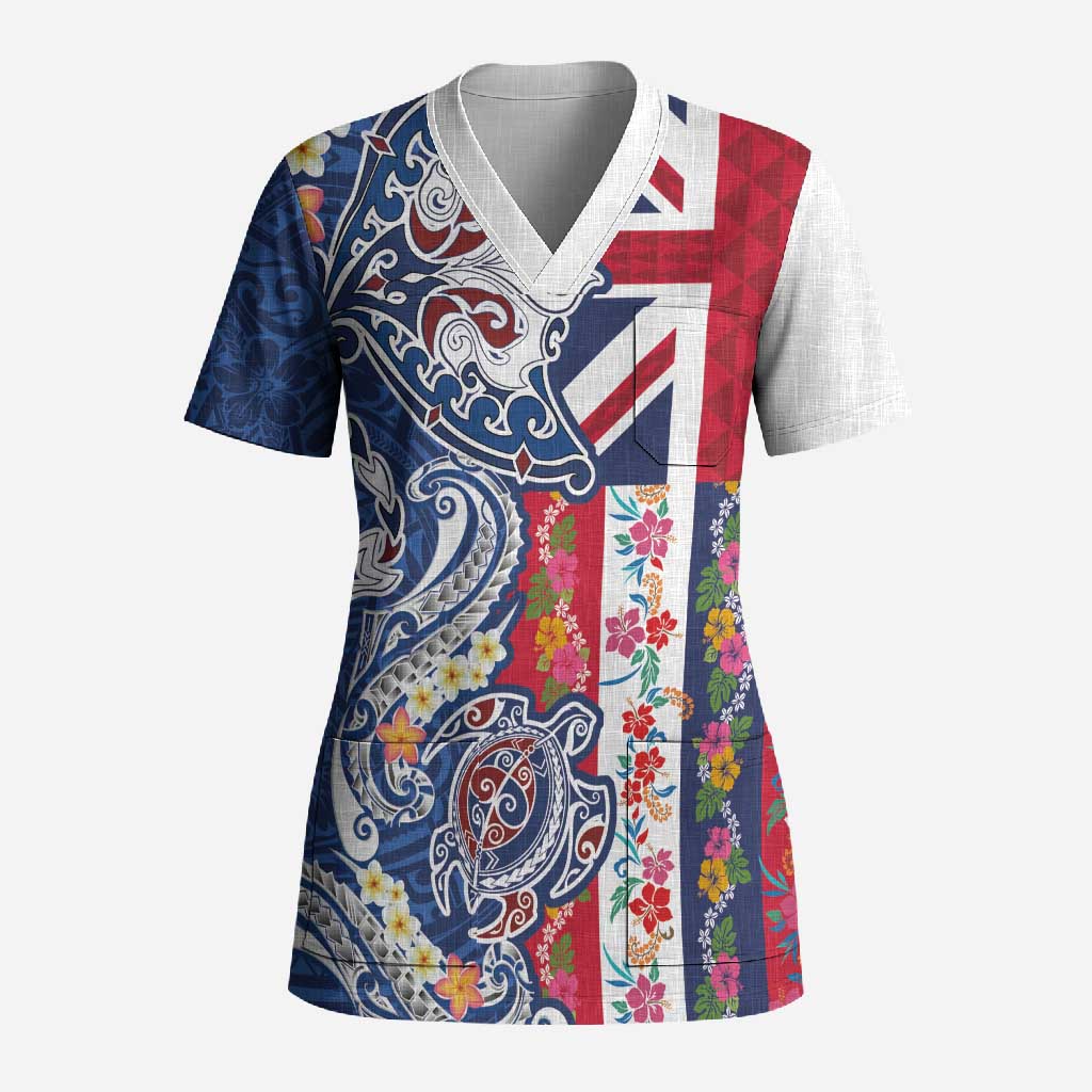 Hawaiian Manta Ray and Turtle Tribal Tattoo Scrub Top With Hawaii Flag and Flowers LT03 Adult Multicolor - Polynesian Pride