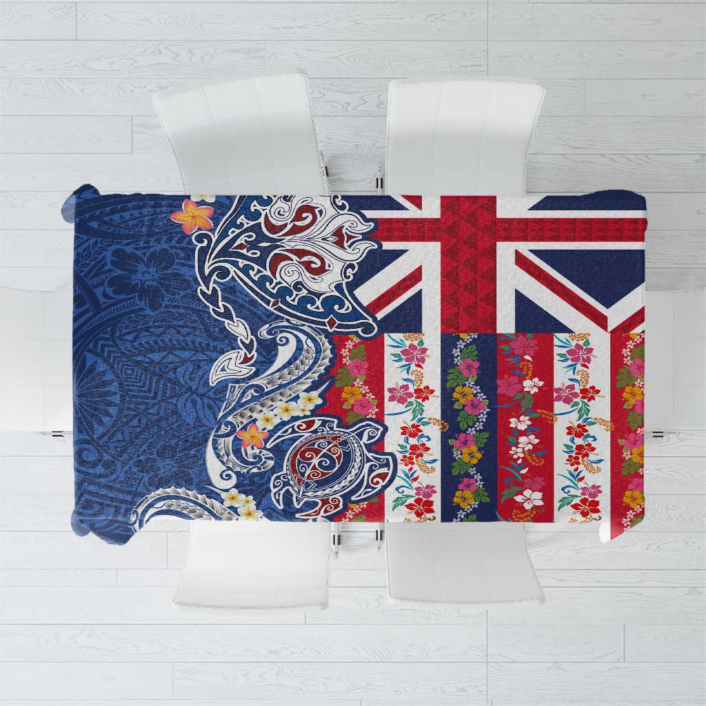 Hawaiian Manta Ray and Turtle Tribal Tattoo Tablecloth With Hawaii Flag and Flowers