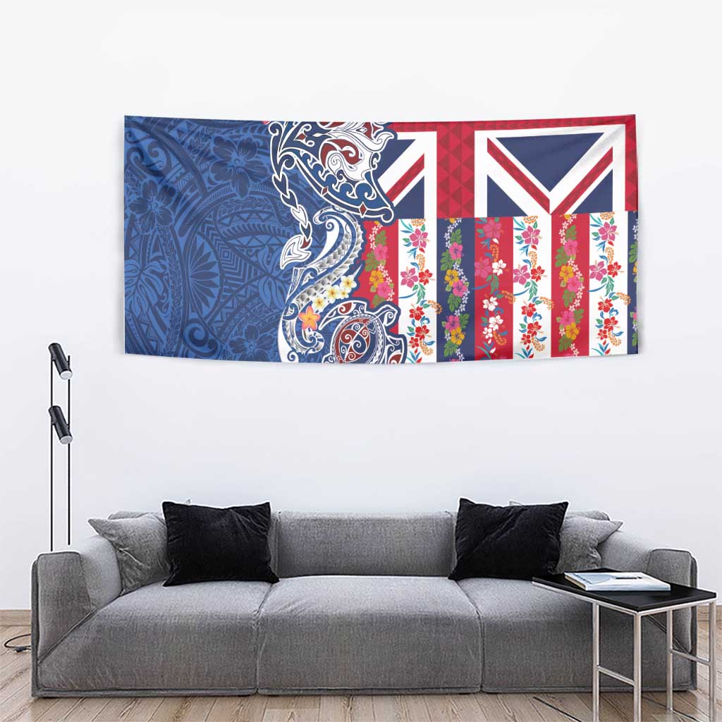 Hawaiian Manta Ray and Turtle Tribal Tattoo Tapestry With Hawaii Flag and Flowers LT03 - Polynesian Pride