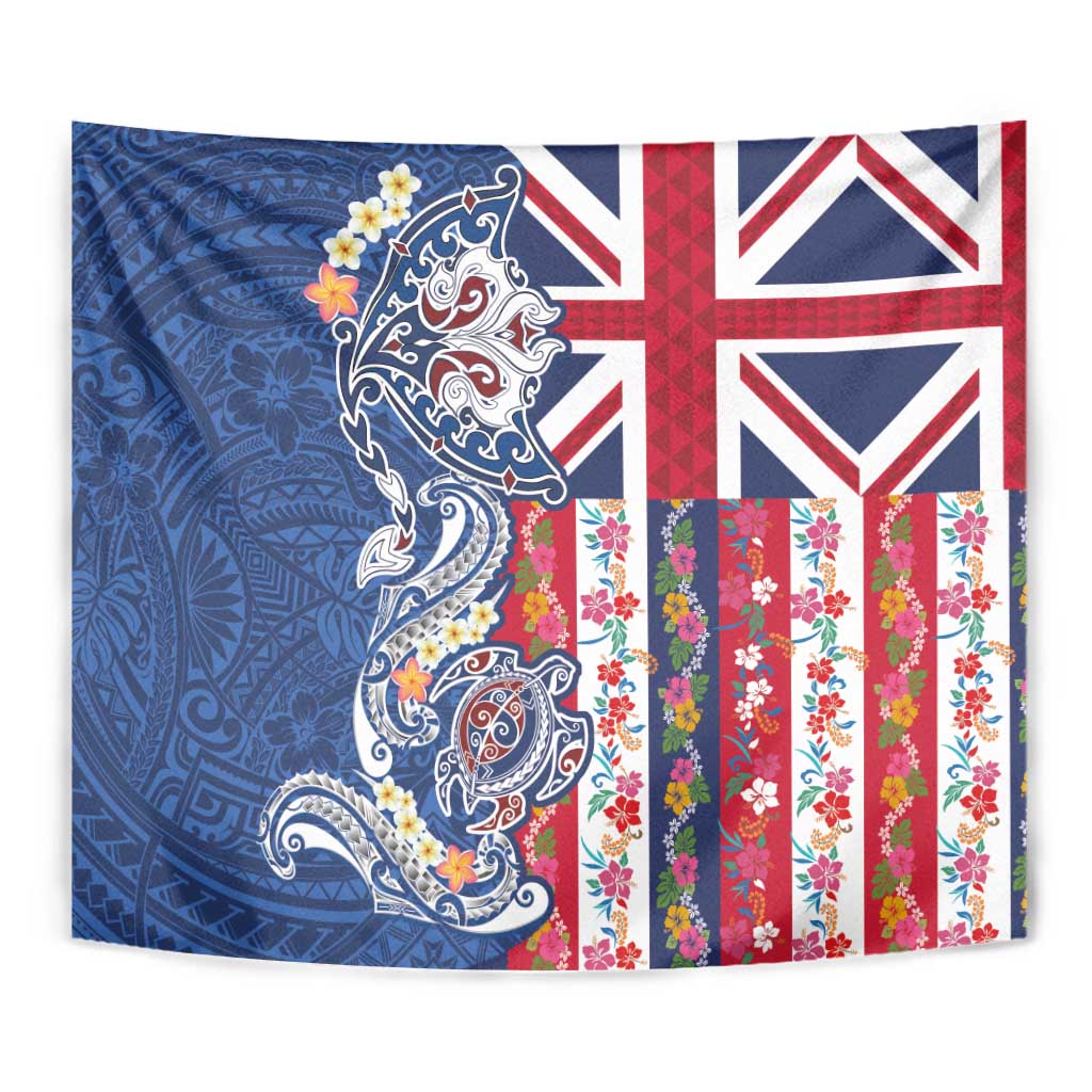 Hawaiian Manta Ray and Turtle Tribal Tattoo Tapestry With Hawaii Flag and Flowers LT03 - Polynesian Pride