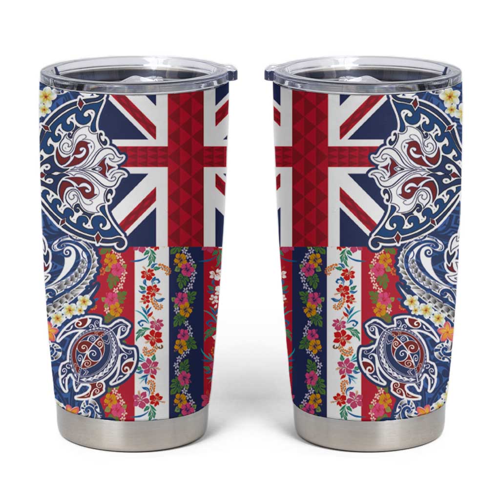Hawaiian Manta Ray and Turtle Tribal Tattoo Tumbler Cup With Hawaii Flag and Flowers