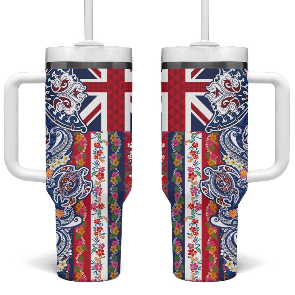Hawaiian Manta Ray and Turtle Tribal Tattoo Tumbler With Handle With Hawaii Flag and Flowers