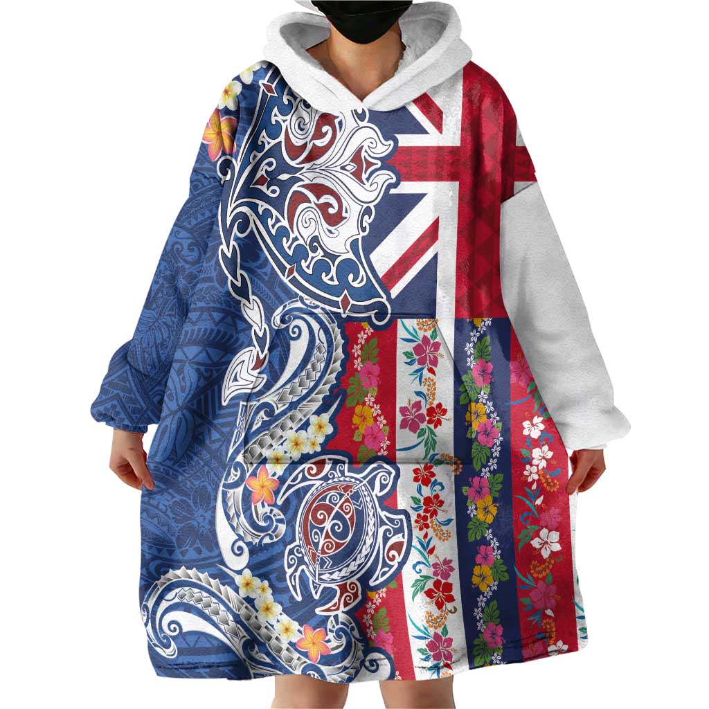 Hawaiian Manta Ray and Turtle Tribal Tattoo Wearable Blanket Hoodie With Hawaii Flag and Flowers