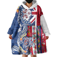 Hawaiian Manta Ray and Turtle Tribal Tattoo Wearable Blanket Hoodie With Hawaii Flag and Flowers