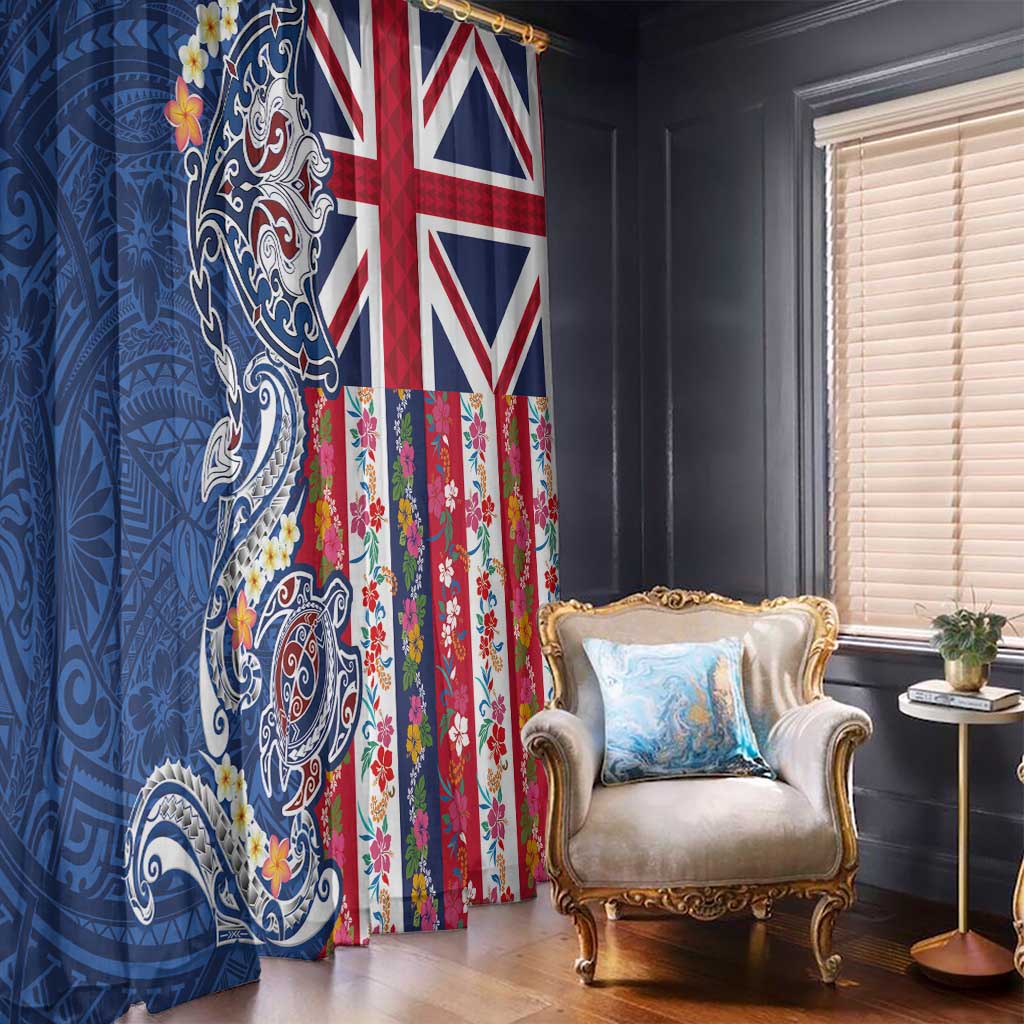 Hawaiian Manta Ray and Turtle Tribal Tattoo Window Curtain With Hawaii Flag and Flowers