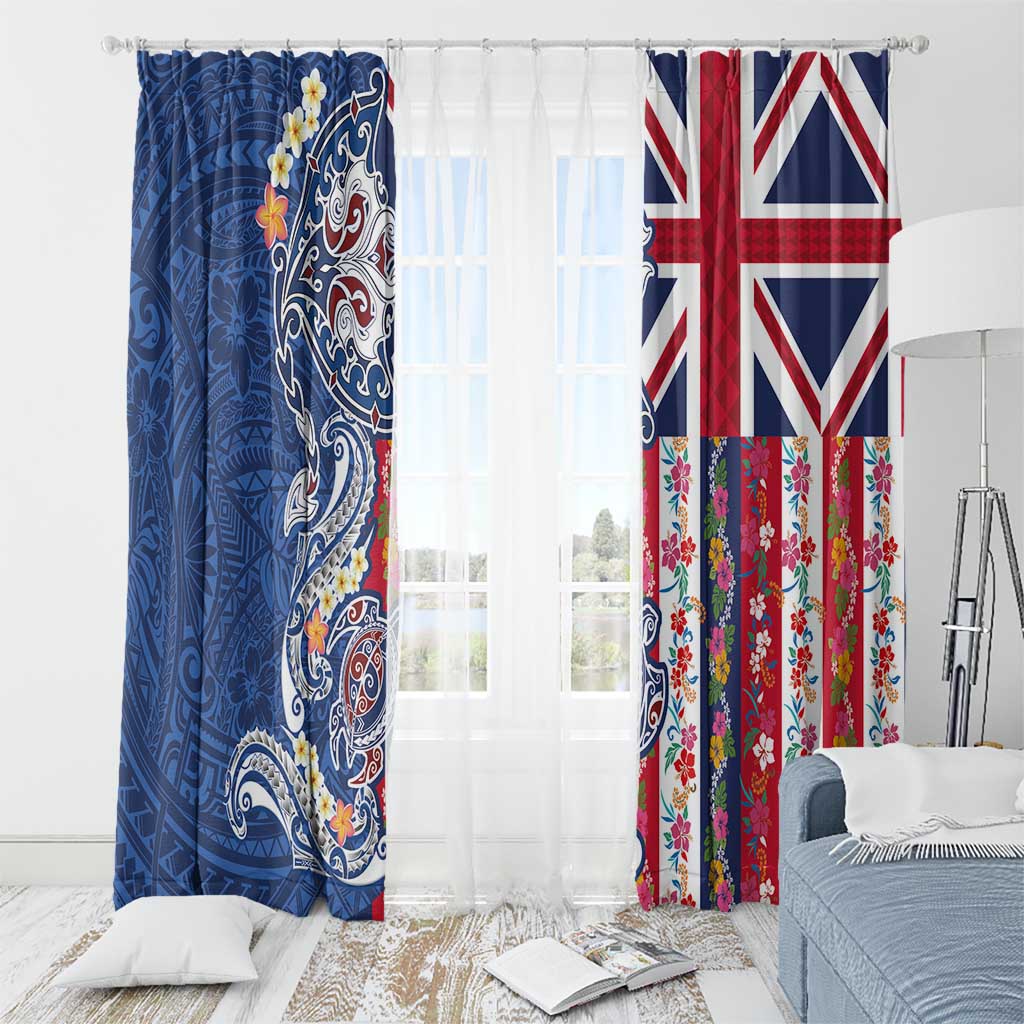 Hawaiian Manta Ray and Turtle Tribal Tattoo Window Curtain With Hawaii Flag and Flowers