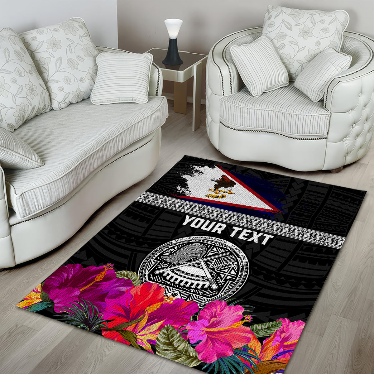 Personalized American Samoa Flag Day Area Rug Tanoa and Fue mix Hibiscus Flower Polynesian Pattern