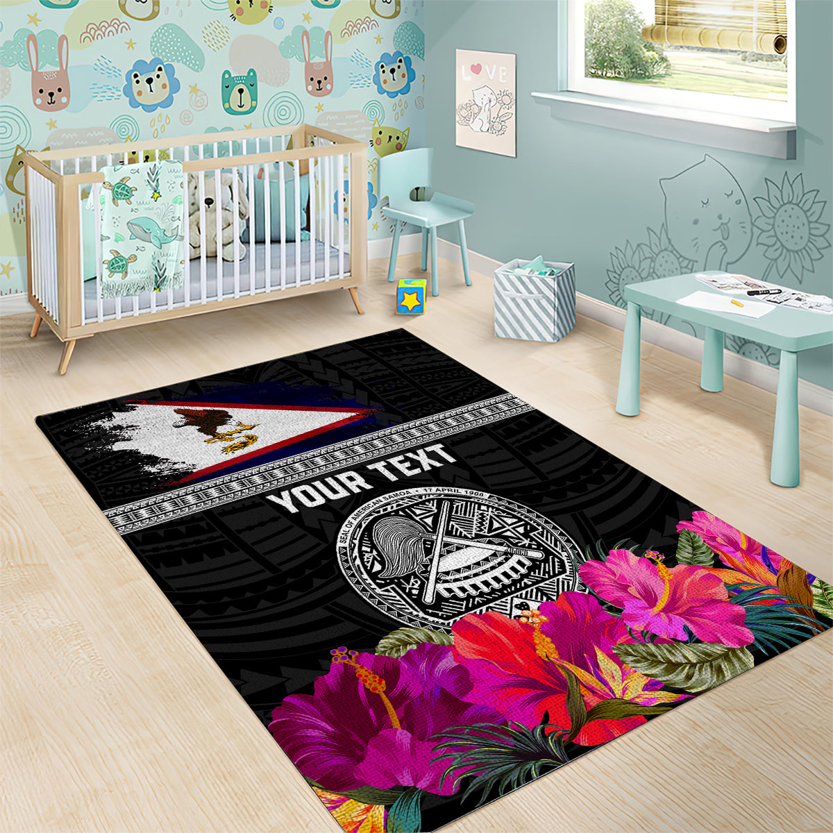 Personalized American Samoa Flag Day Area Rug Tanoa and Fue mix Hibiscus Flower Polynesian Pattern