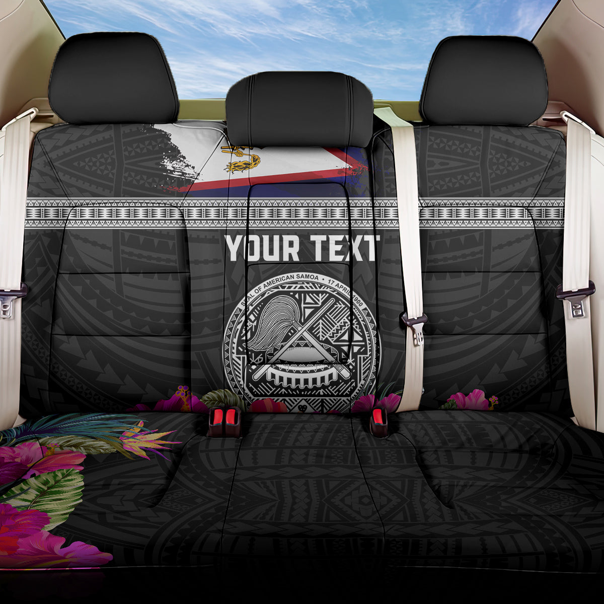 Personalized American Samoa Flag Day Back Car Seat Cover Tanoa and Fue mix Hibiscus Flower Polynesian Pattern