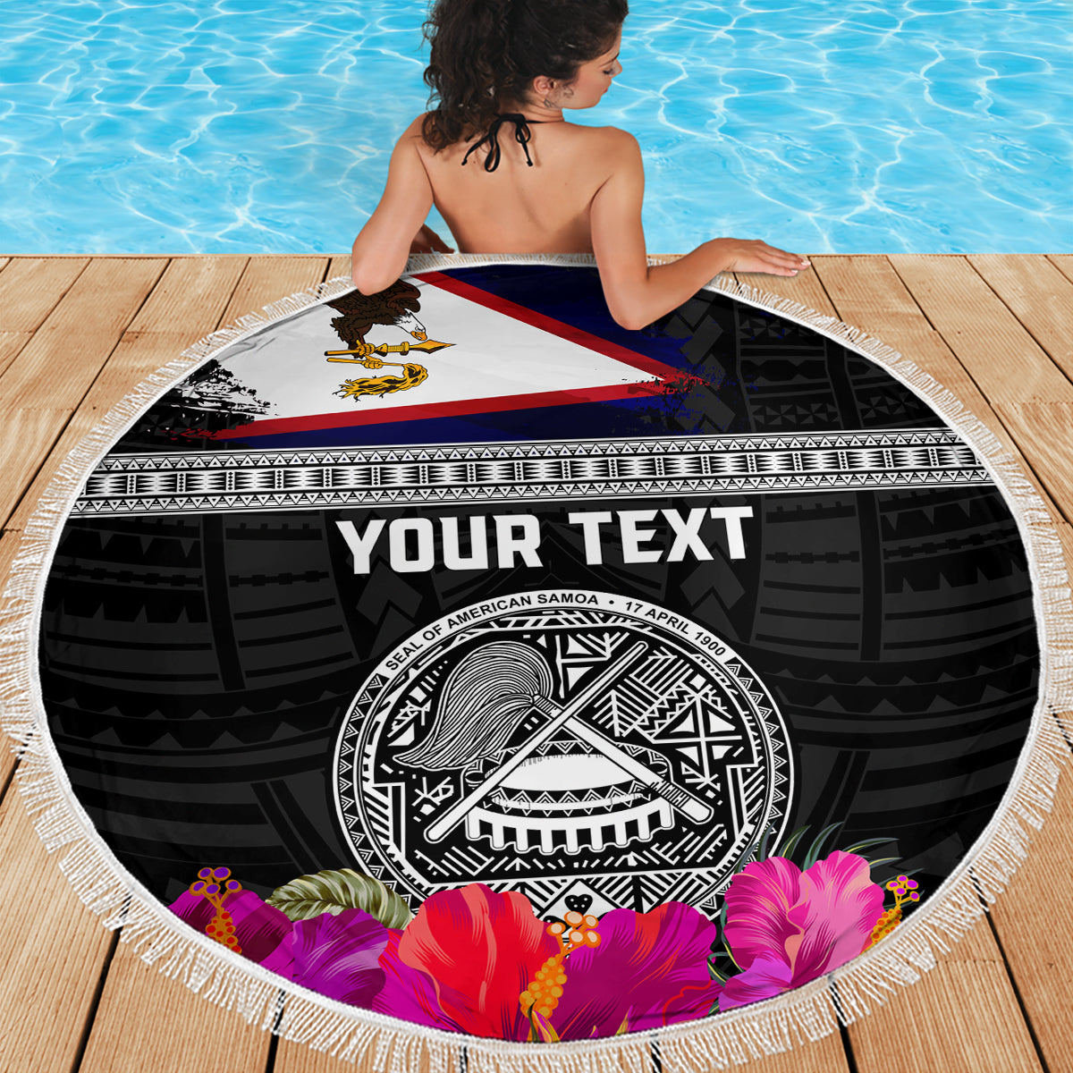 Personalized American Samoa Flag Day Beach Blanket Tanoa and Fue mix Hibiscus Flower Polynesian Pattern