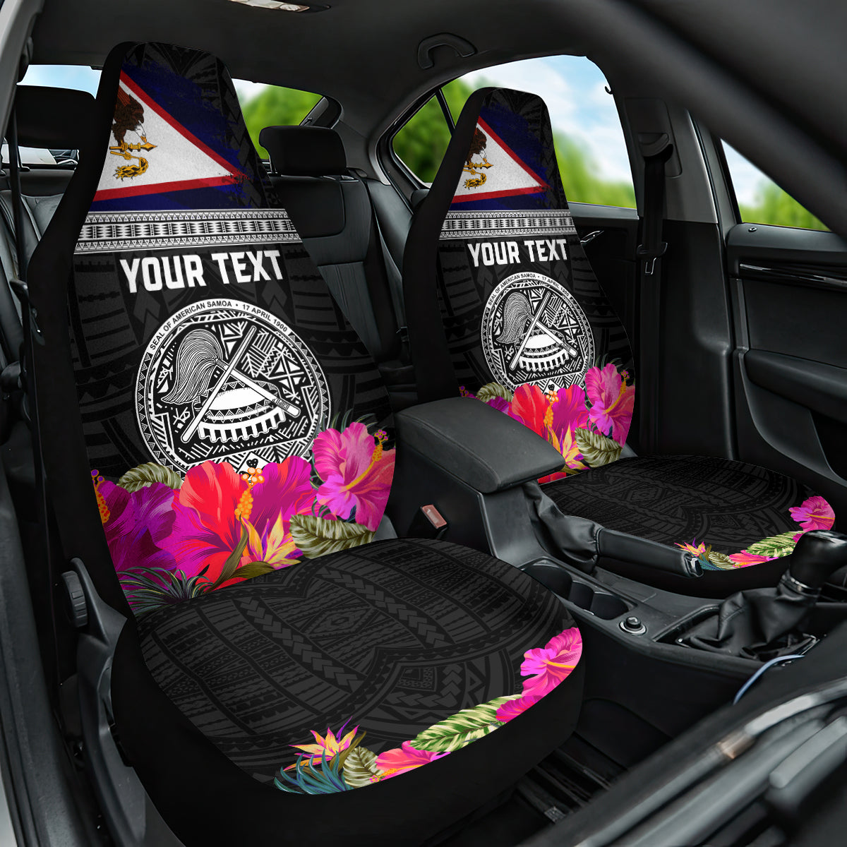 Personalized American Samoa Flag Day Car Seat Cover Tanoa and Fue mix Hibiscus Flower Polynesian Pattern